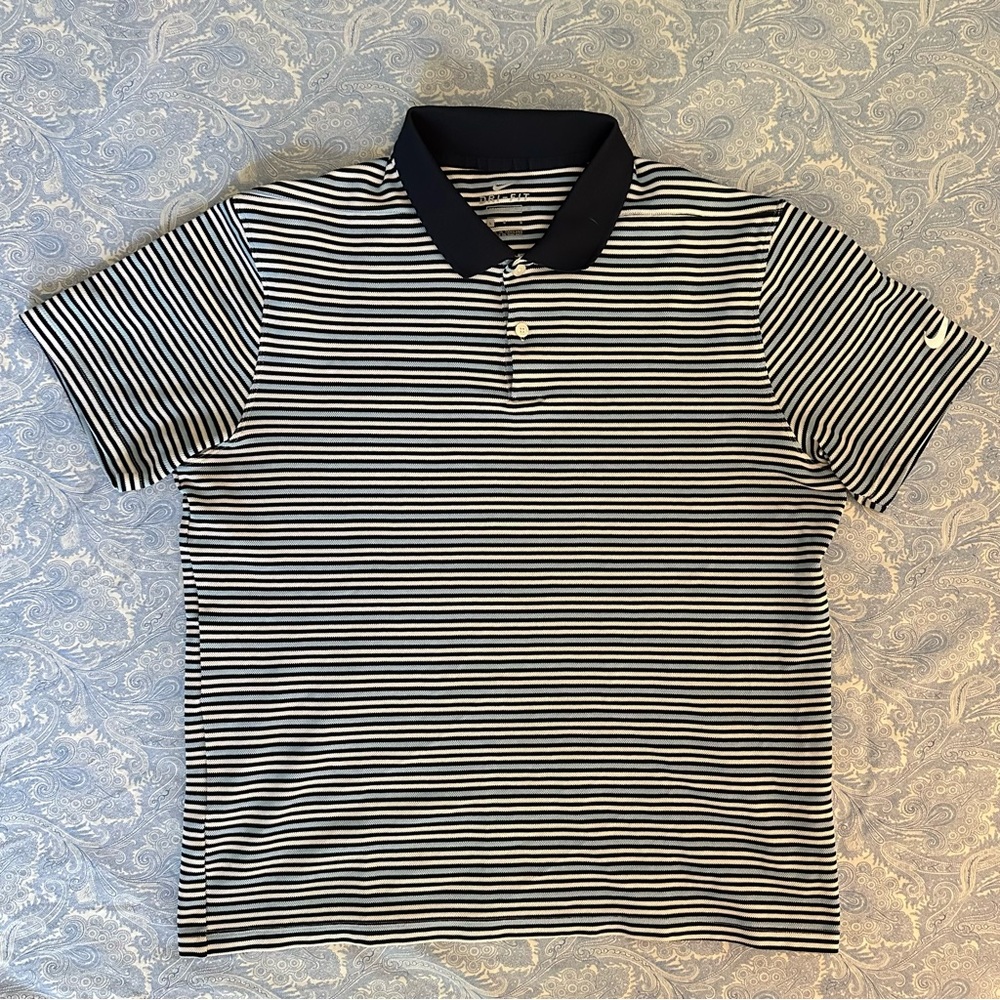Men’s size large blue and white stripe DRI-FIT polo-style shirt by Nike